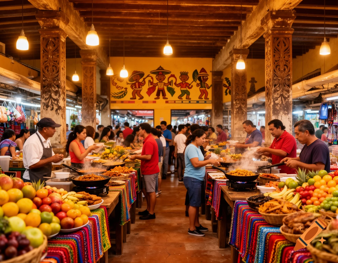 A bustling indoor market with many people cooking and serving food at colorful stalls, with fresh fruits and vegetables on display.