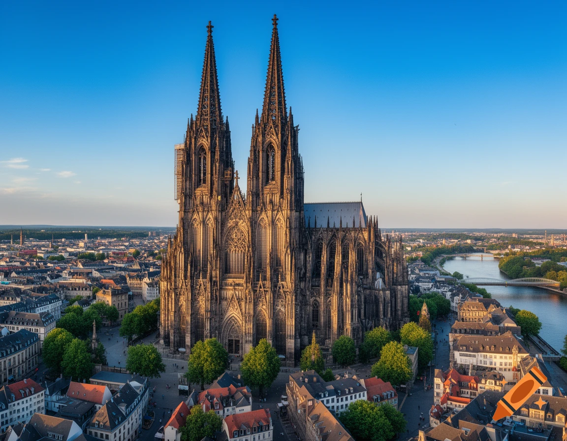 Aerial view of the majestic Cologne Cathedral with its twin spires, towering over city buildings and a river under a clear sky.