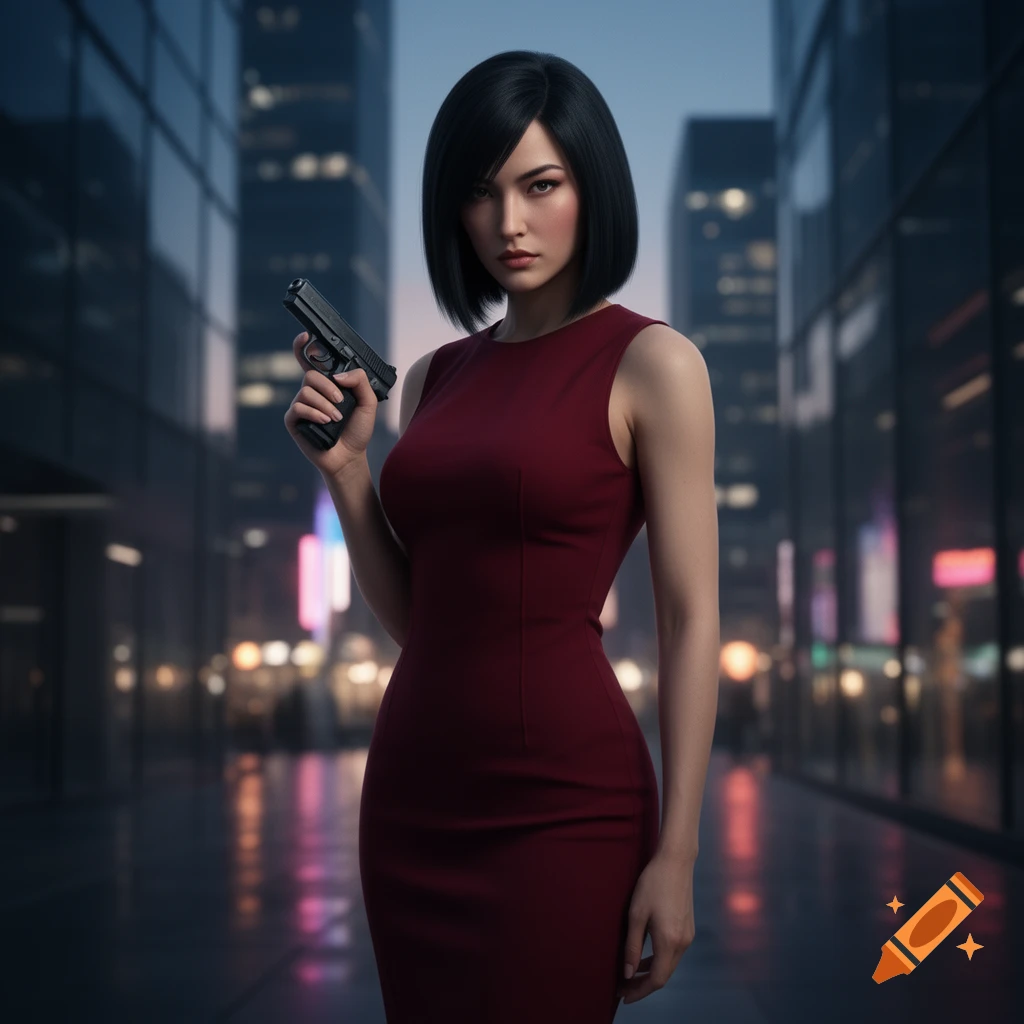 Photorealistic image of a woman with a bob haircut in a red dress, holding a pistol, standing in a blurry nighttime city street.