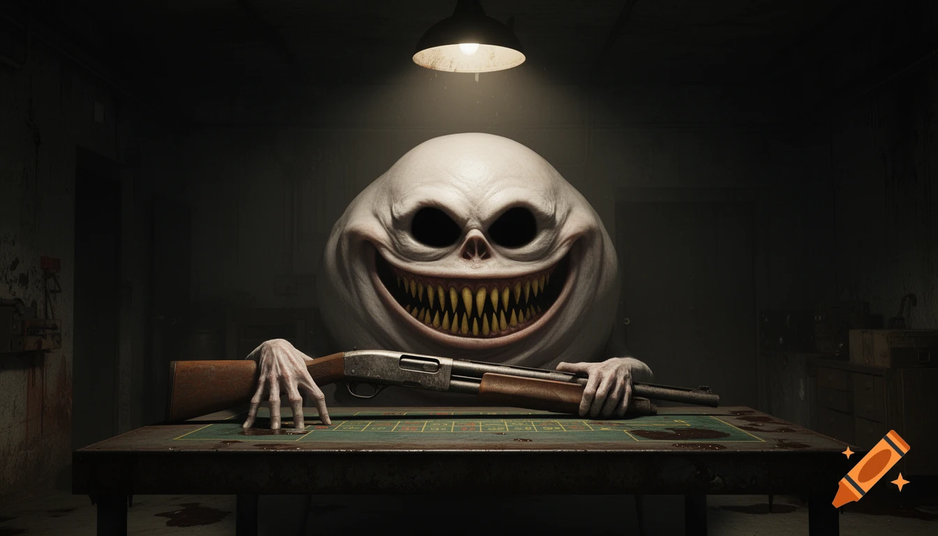 A monstrous, pale creature with a huge grin and black eyes sits behind a grimy table, holding a shotgun in a dimly lit horror scene.
