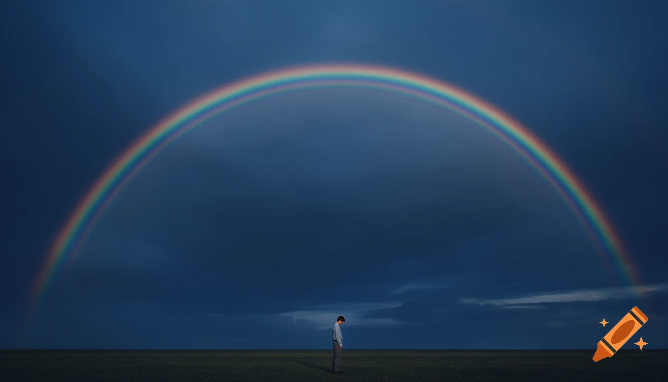 A tiny person stands in a vast dark field under a vibrant rainbow stretching across a dramatic dark blue sky.