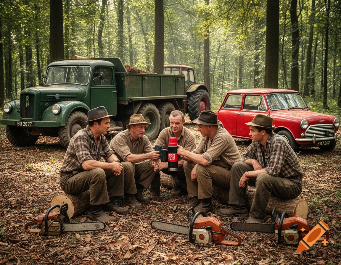 Five men in plaid shirts and hats sit on logs in a sun-dappled forest, having a tea break with a thermos and mugs. Vintage vehicles including a green truck, a red Mini car, and a tractor are in the background, with chainsaws on the ground.