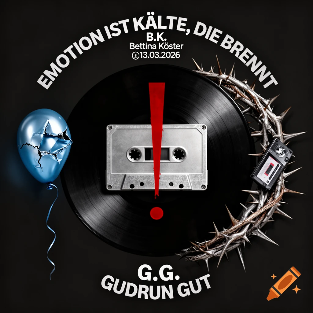 A black vinyl record with a silver cassette tape and a red exclamation mark. A broken blue balloon, a crown of thorns, and text reading 'EMOTION IST KÄLTE, DIE BRENNT', 'B.K. Bettina Köster', and 'G.G. Gudrun Gut'.