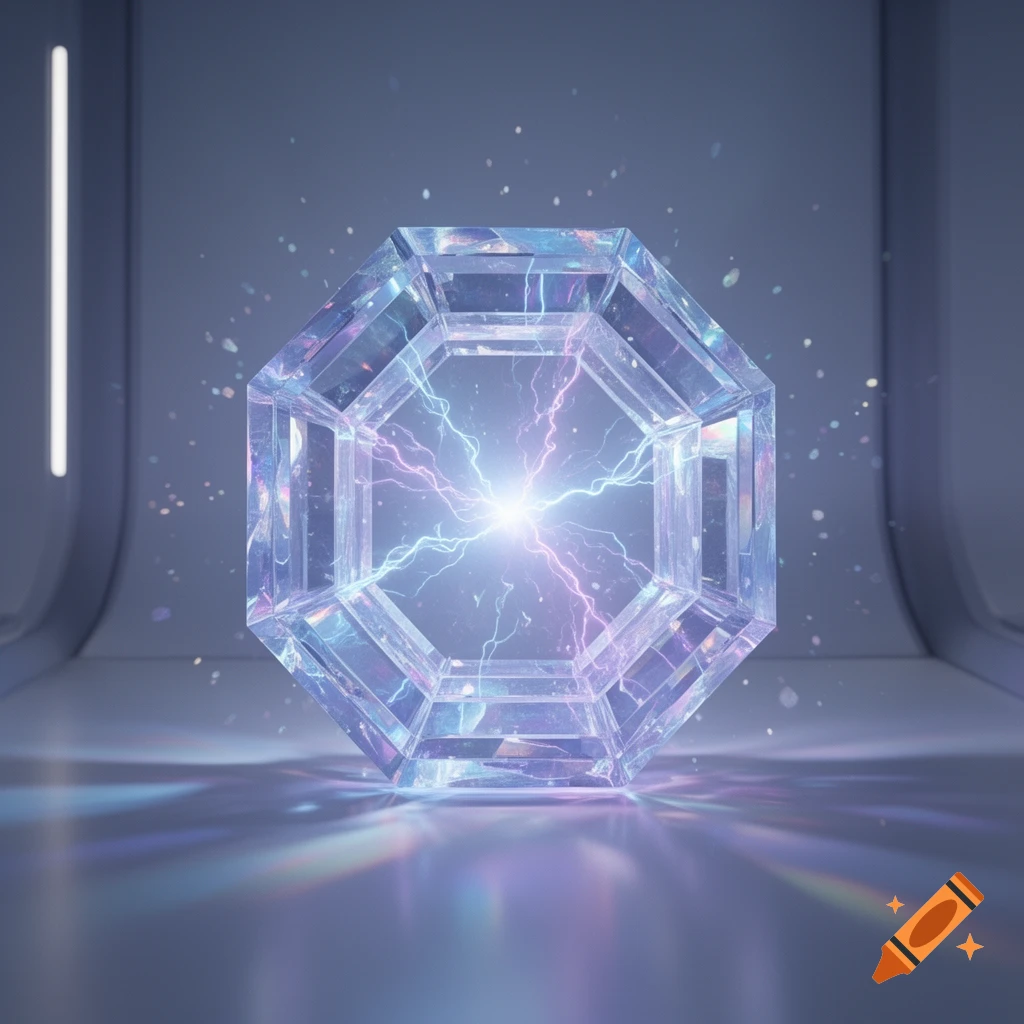 A bright crystal octagon radiates blue and purple energy in a minimalist, futuristic setting.