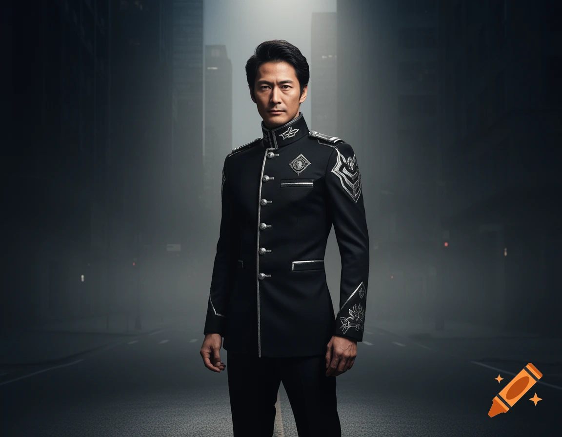 A man in a detailed black and silver uniform stands in a misty city street.