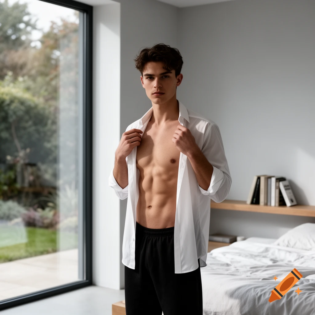 A young man unbuttoning a white shirt to reveal his chest, standing indoors by a large window with a bed in the background.
