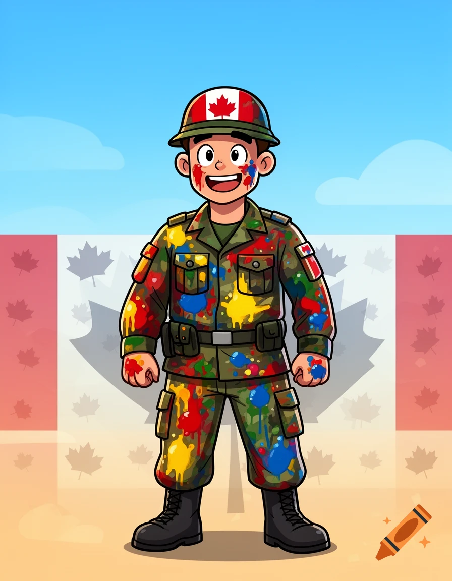 A cartoony Canadian soldier in a camouflage uniform covered in colorful paint splatters, standing against a faded Canadian flag background under a blue sky.