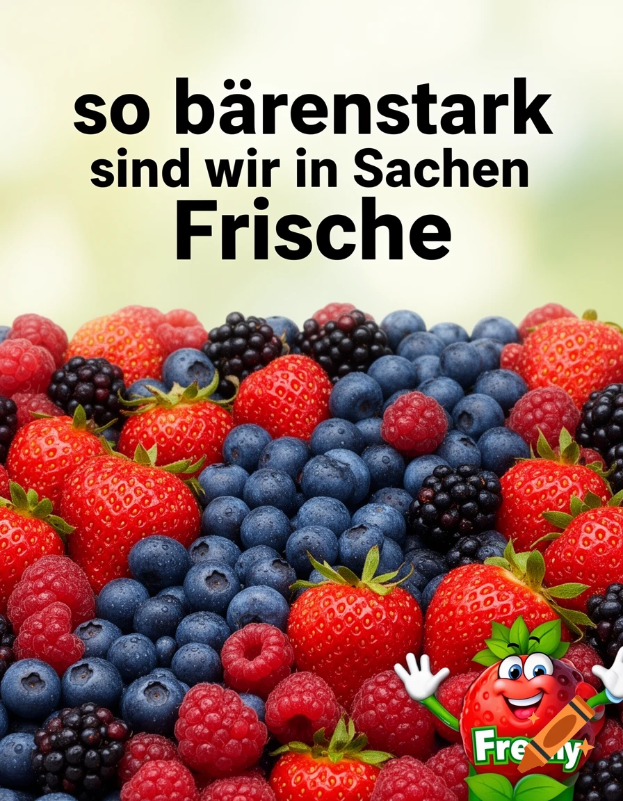 A vibrant, close-up shot of mixed berries, including strawberries, blueberries, raspberries, and blackberries, with a cartoon strawberry character named "Freshy" and German text "so bärenstark sind wir in Sachen Frische".