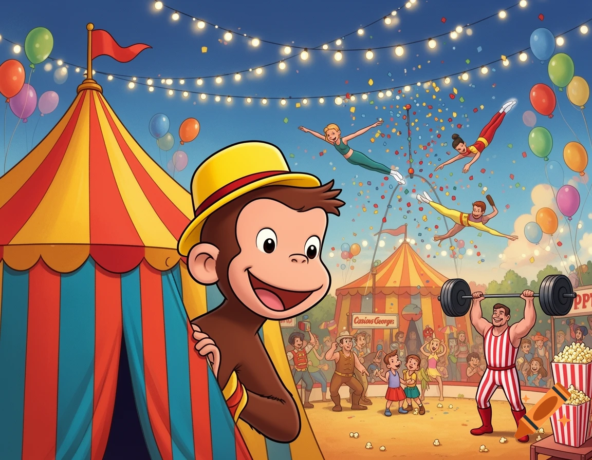 Curious George peeks from behind a striped tent at a bustling circus with acrobats, a strongman, and confetti under string lights.