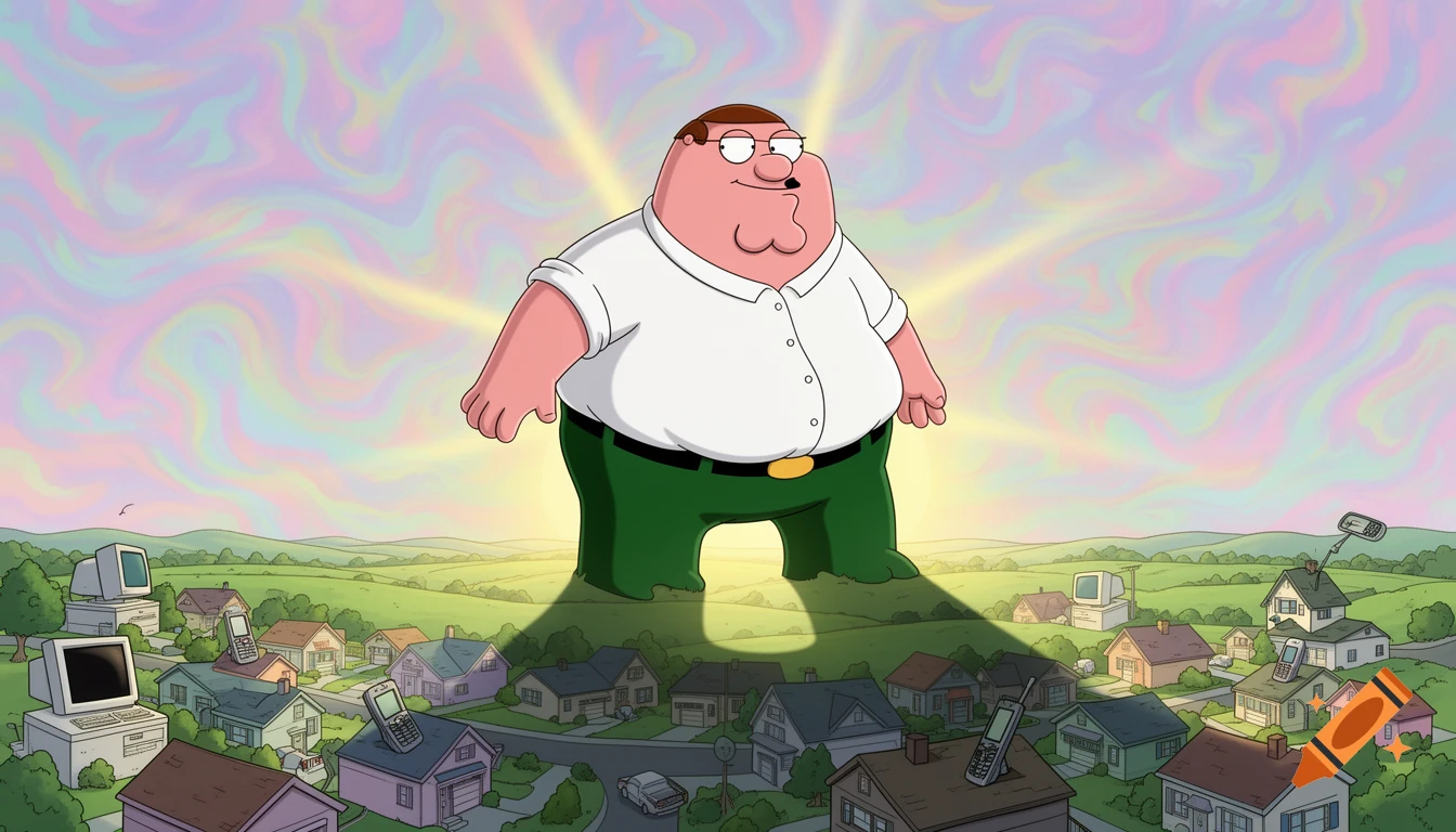 Giant cartoon character Peter Griffin stands over a suburban town with 2000s technology, under a bright, swirling sky.