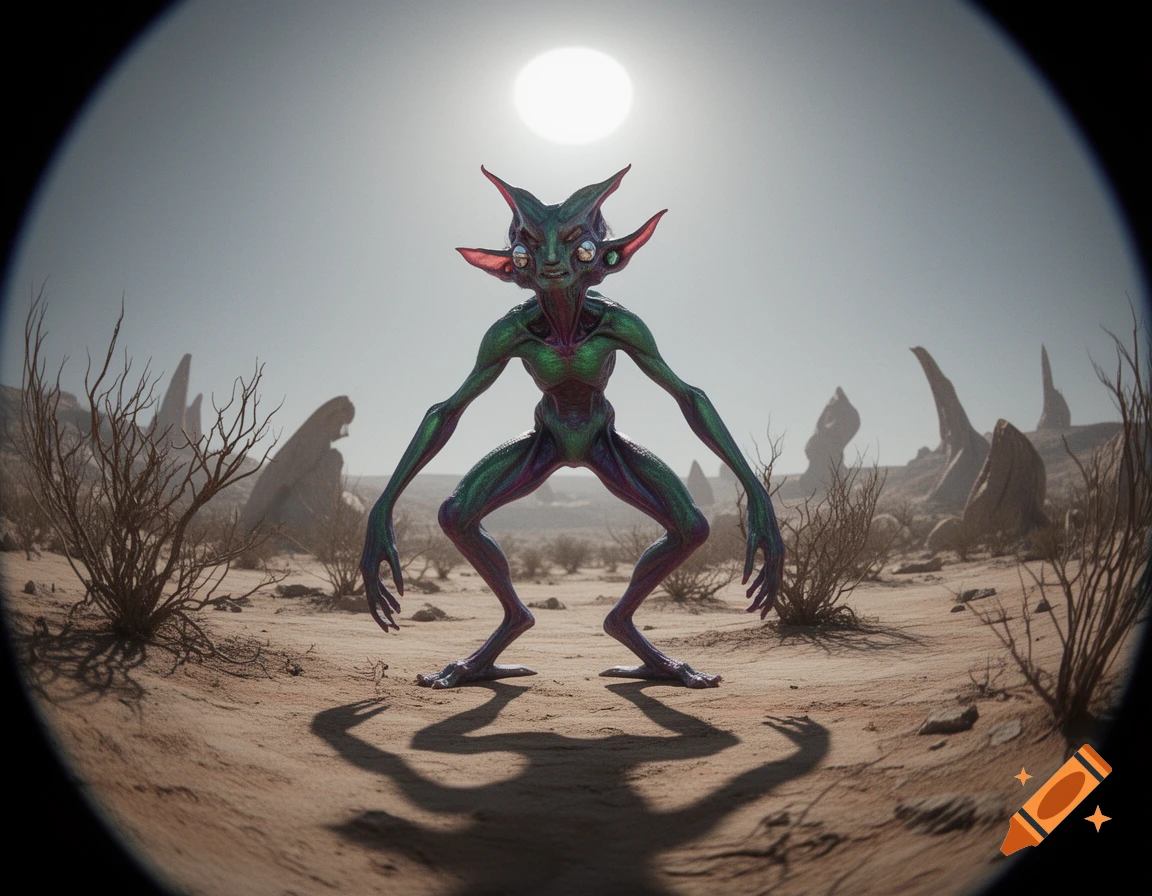 A green and purple alien-like monster with long limbs stands in a desert landscape under a bright sun, viewed through a fish-eye lens.