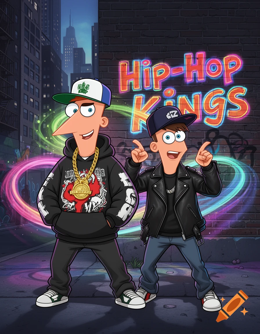 Phineas and Ferb as hip-hop rappers in a cartoon city scene with 'Hip-Hop KINGS' neon sign on a brick wall.
