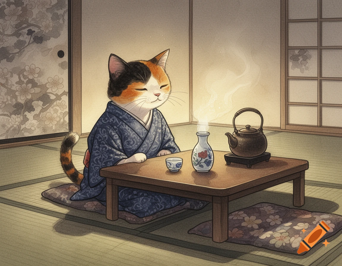 A calico cat in a blue kimono sits at a low wooden table with a teapot and sake bottle in a traditional Japanese room, in a watercolor style.