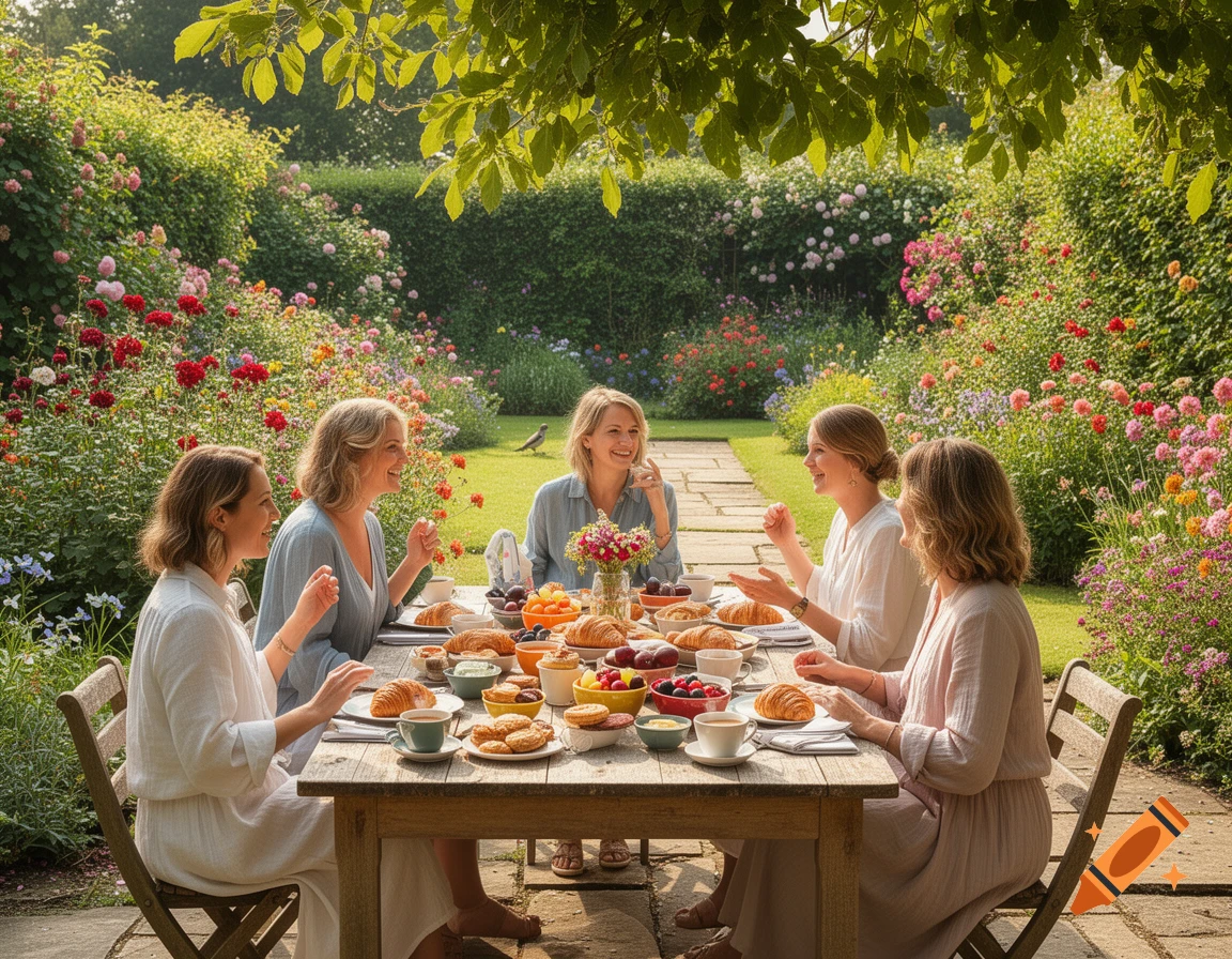 Five women enjoy an outdoor breakfast together at a wooden table in a sunny, flower-filled garden.