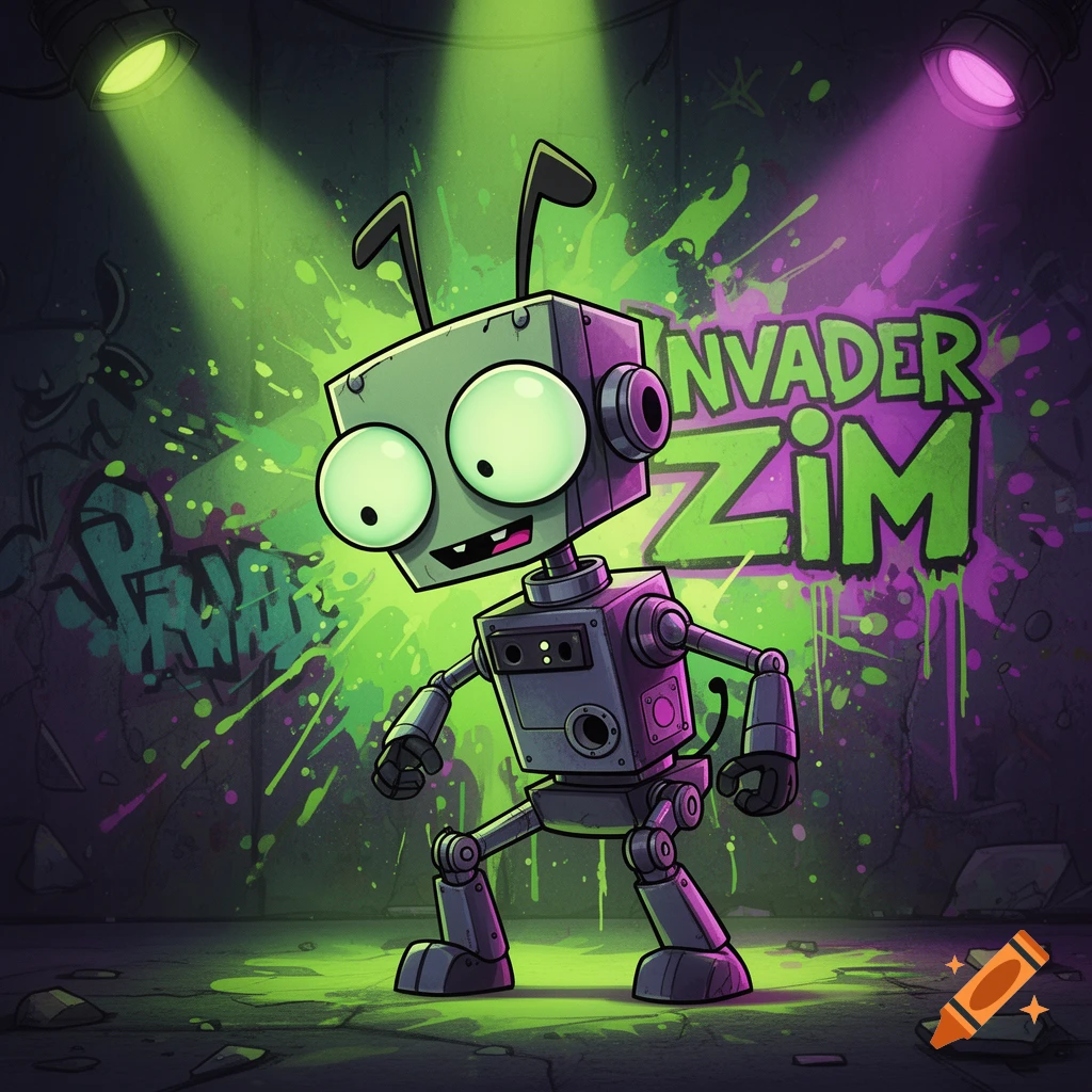 GIR from Invader Zim, a grey robot with large green eyes, stands in a graffiti-covered alley illuminated by green and purple spotlights.