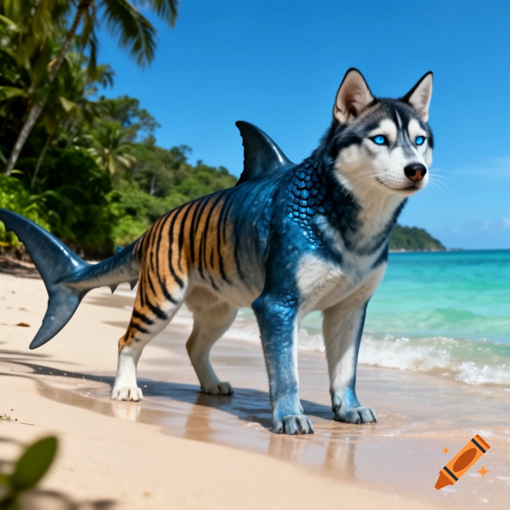 A striking hybrid animal, part husky, tiger, and shark, stands on a sandy tropical beach with clear blue water and palm trees.