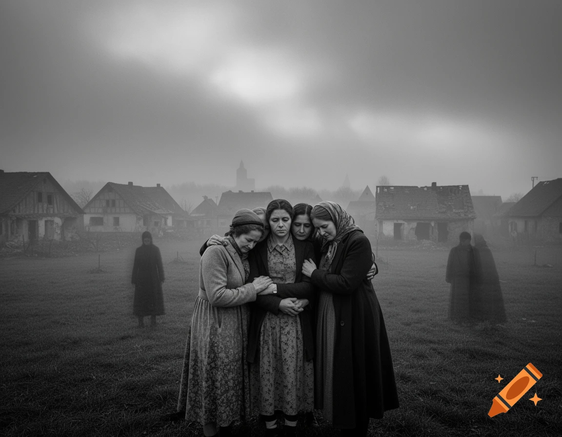 Four women mourn in a desolate, foggy black and white village with dilapidated houses and faint ghostly figures in the background.