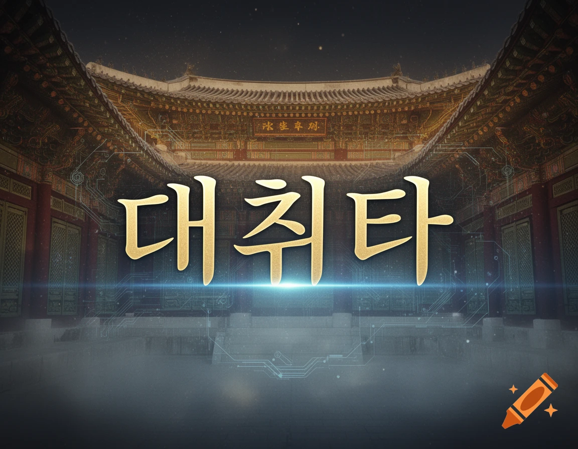 Glowing golden Korean text '대취타' over a dark, majestic traditional Korean palace with futuristic blue circuit lines, digital art.