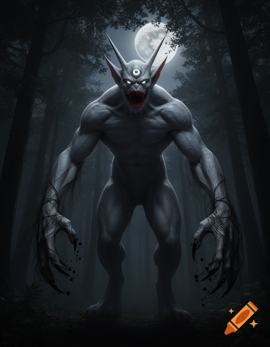 A terrifying, muscular, gray-skinned monster with a third eye, long pointed ears, and sharp red teeth stands in a dark forest under a full moon, its long clawed hands dripping black liquid.
