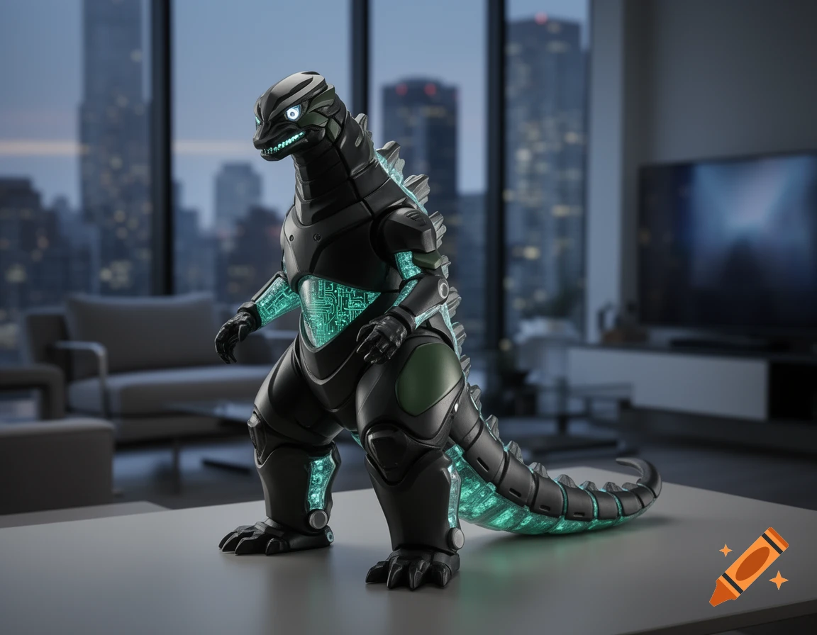 A photorealistic black robotic kaiju with glowing teal circuit patterns stands on a table in a modern apartment overlooking a city skyline.