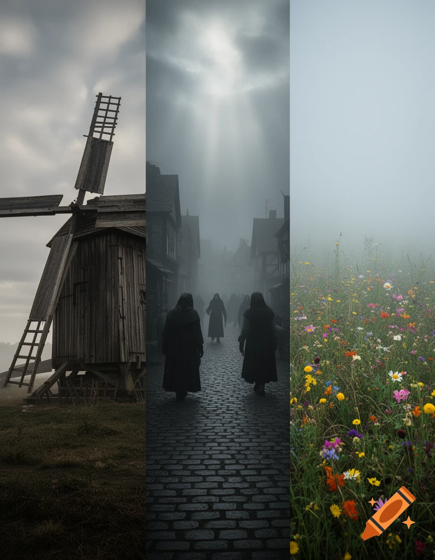 A triptych showing a windmill, cloaked figures in a foggy medieval town, and a field of wildflowers in fog.
