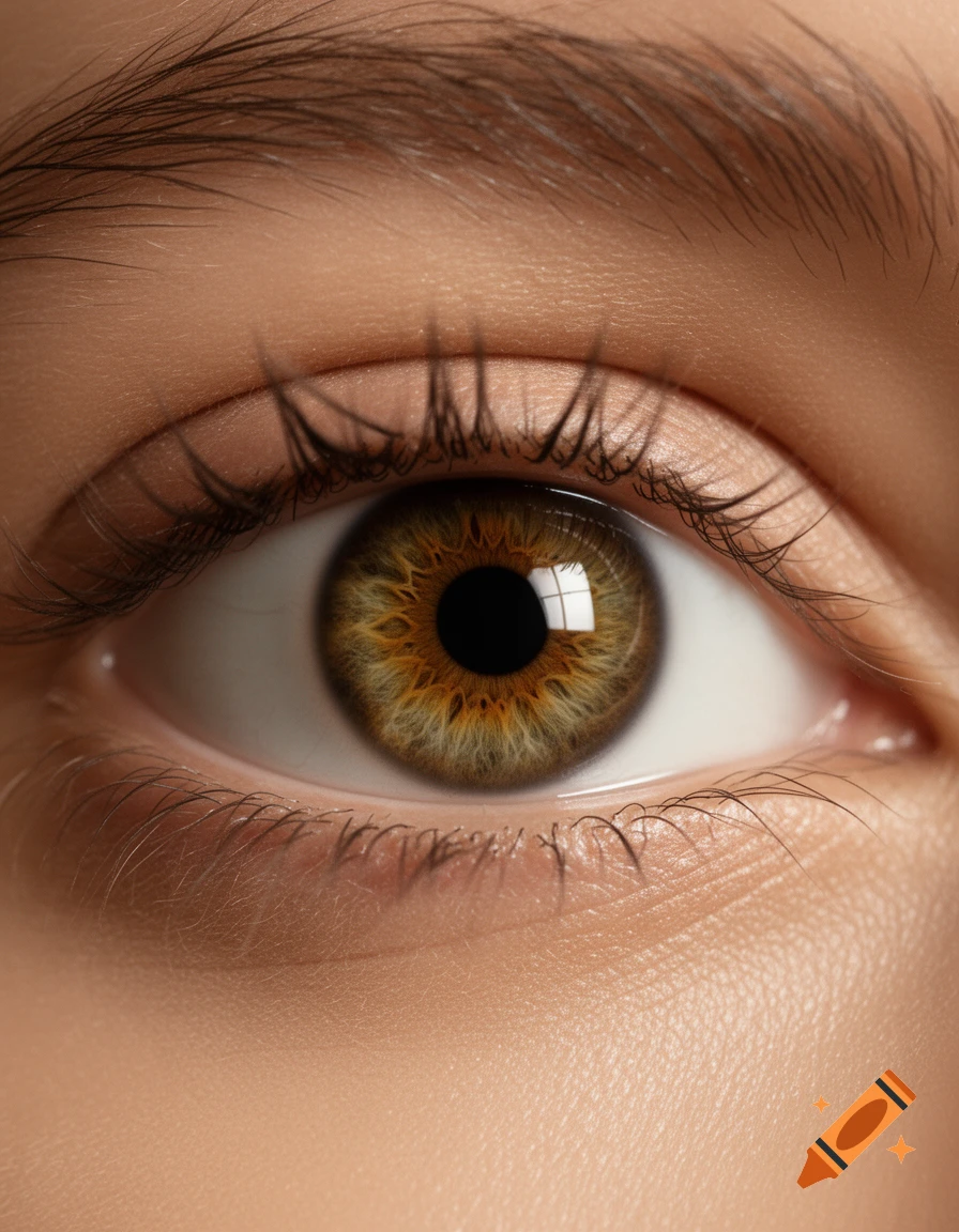 Close-up of a human eye with a detailed hazel iris, dark lashes, and visible skin texture.