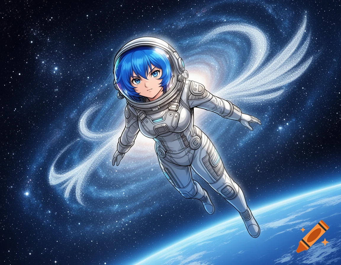 An anime-style astronaut with blue hair floats in space above Earth, surrounded by stars and glowing cosmic dust.