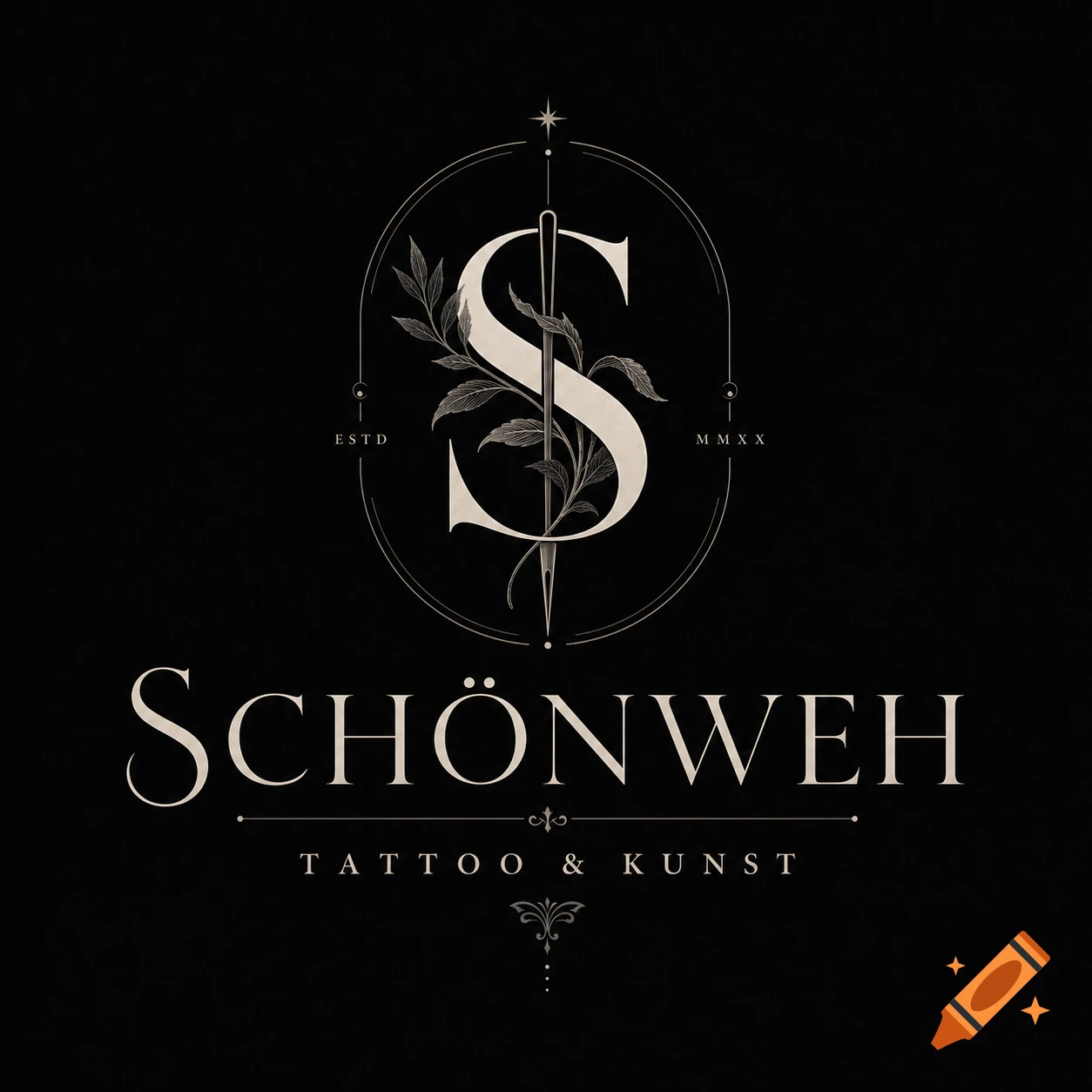 Elegant monochrome logo for Schönweh Tattoo & Kunst, featuring a stylized 'S' entwined with a needle and branches.