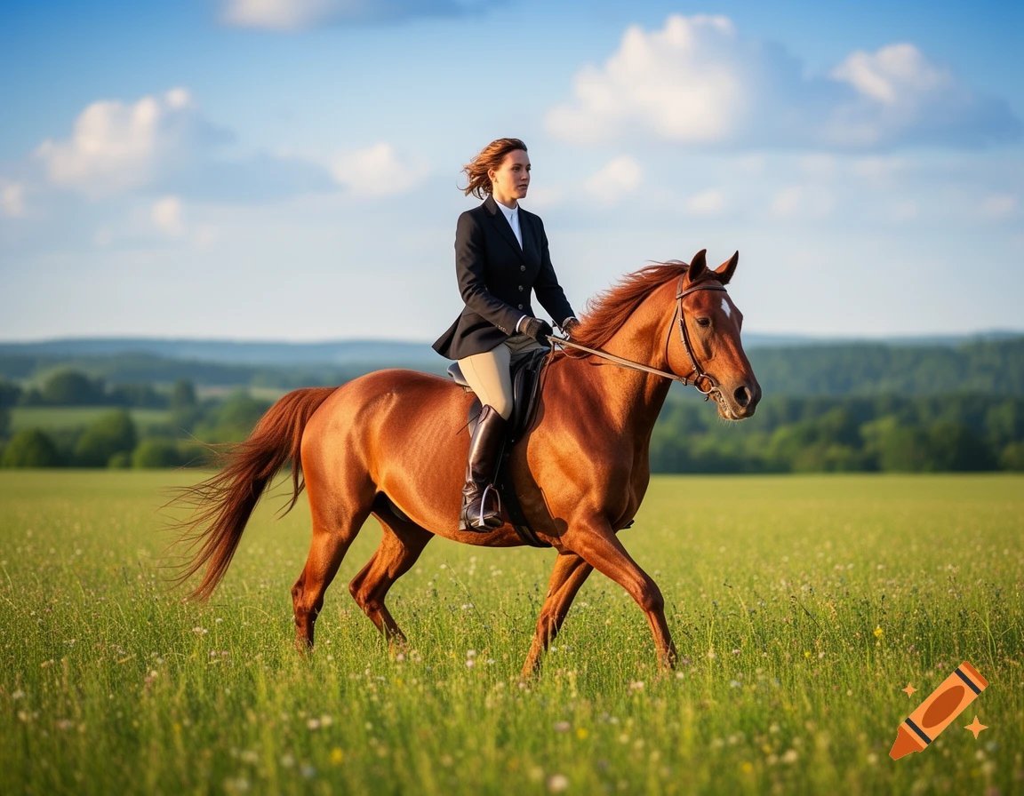 A woman in riding attire on a brown horse gallops through a sunny green field.
