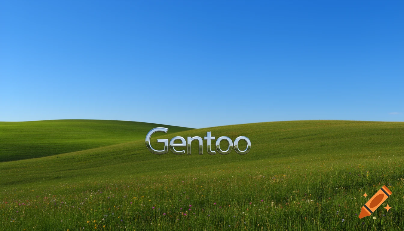 Metallic 'Gentoo' logo on a vibrant green hillside under a clear blue sky, in the style of a classic desktop wallpaper.