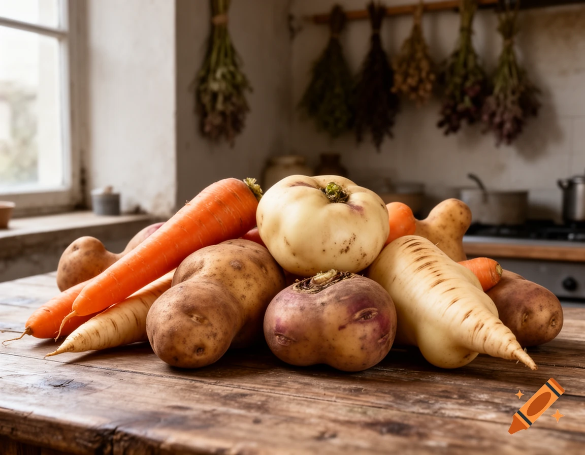 A photorealistic still life of a pile of rustic root vegetables on a wooden table in a kitchen.