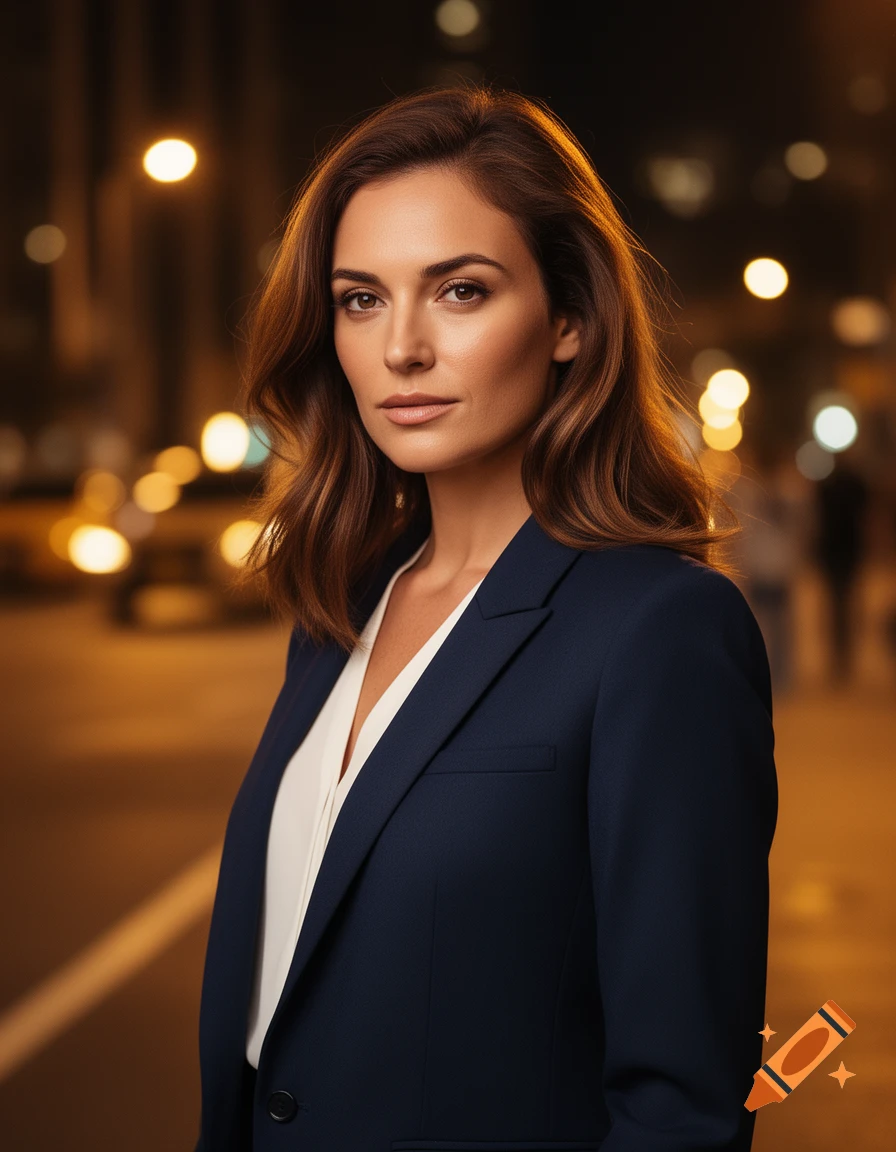 Photorealistic portrait of a woman in a navy suit and white shirt, looking forward, against a blurry city night background with bokeh lights.