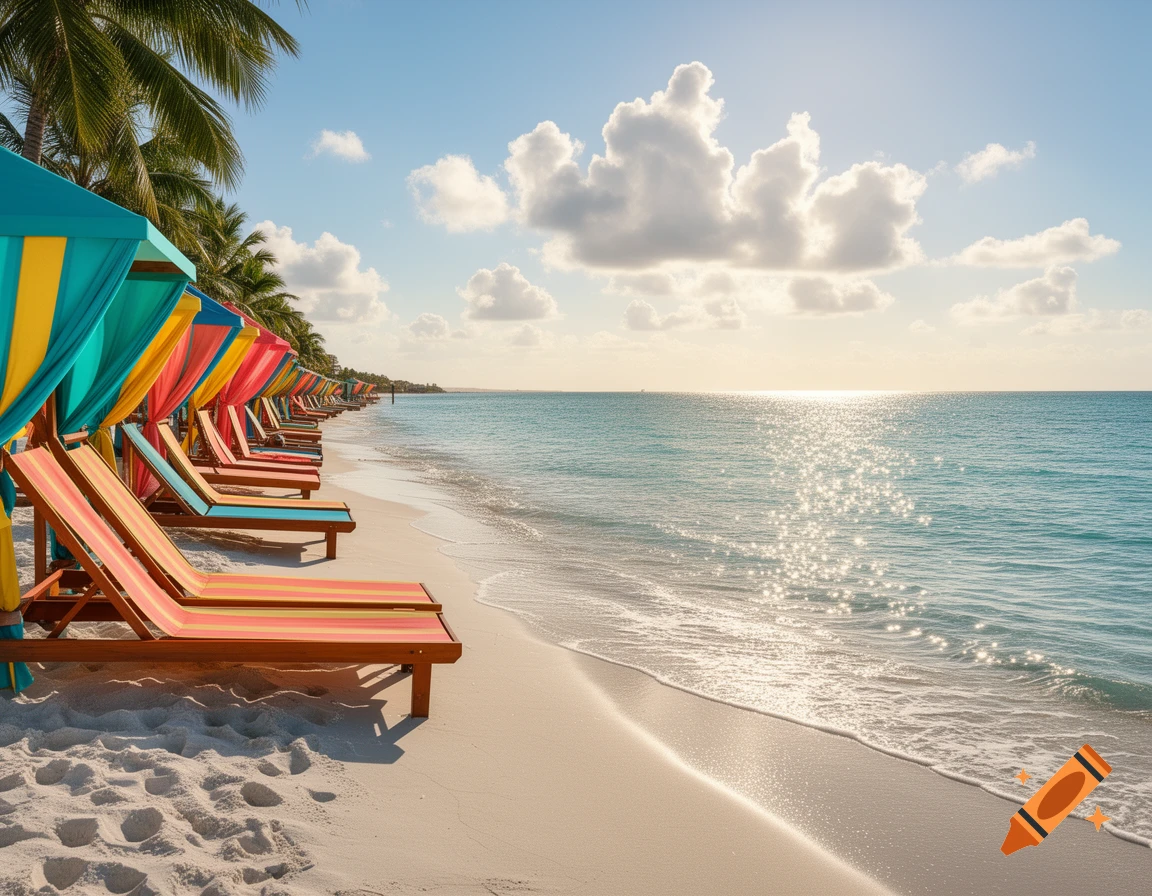 A sunny beach scene with a line of colorful lounge chairs and umbrellas, sparkling blue ocean, and palm trees under a blue sky.