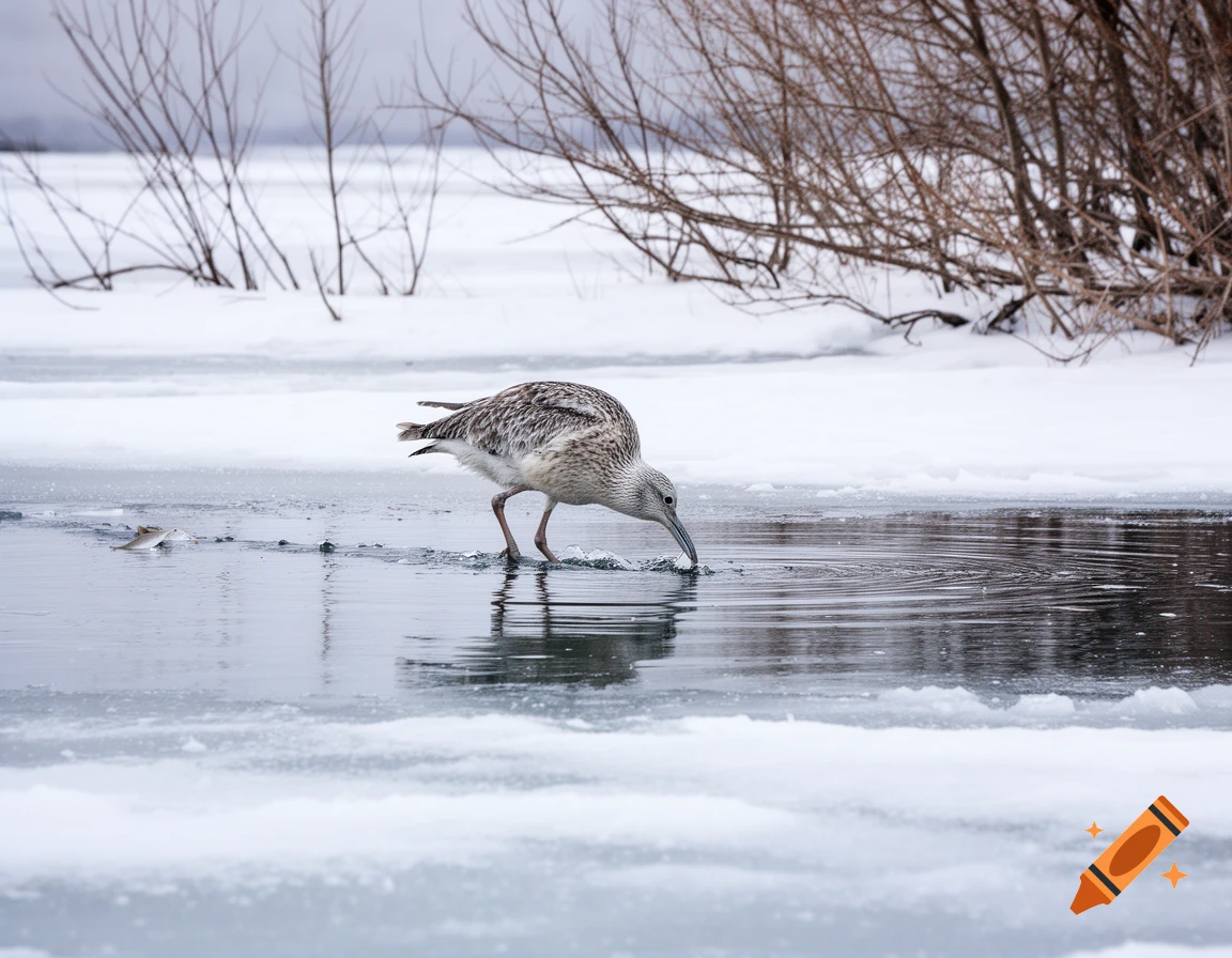 A long-beaked shorebird stands in shallow, icy water, dipping its beak near a small fish in a snowy landscape with bare trees.