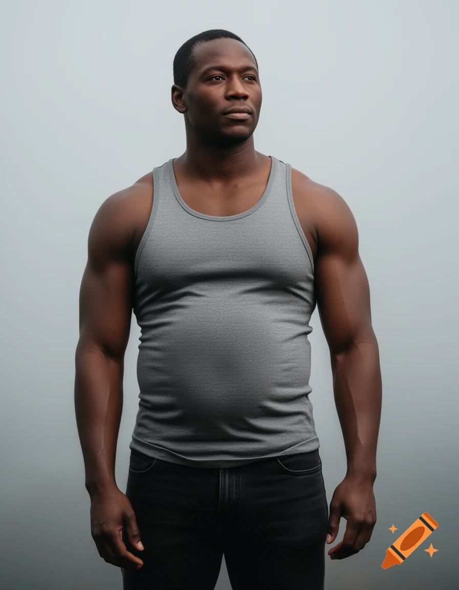Photorealistic portrait of a Black man in a gray tank top and black jeans against a light background.