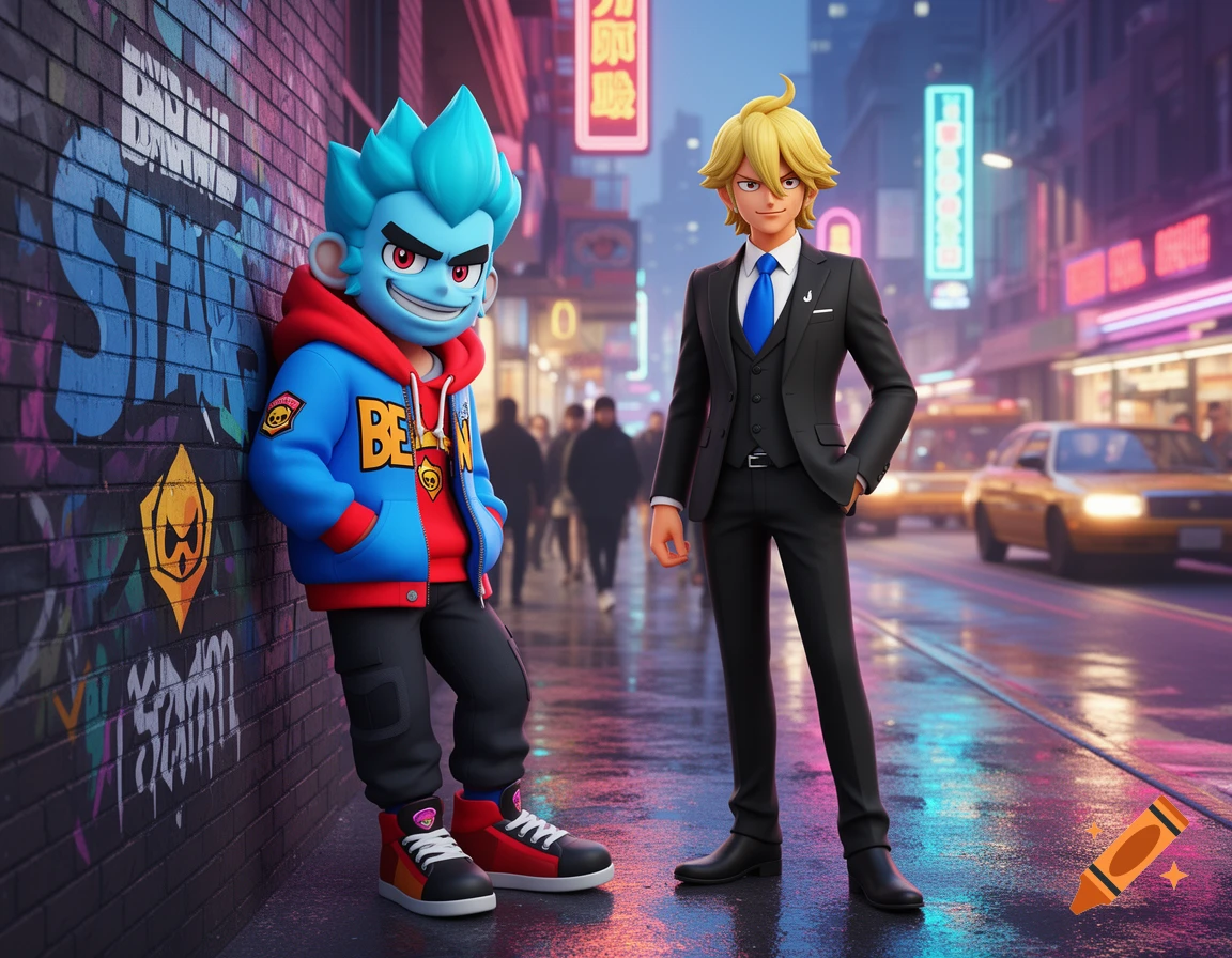 A stylized character with blue spiky hair and a blue hoodie leans on a brick wall next to a blonde-haired character in a black suit and blue tie, both on a wet city street at night with neon signs.