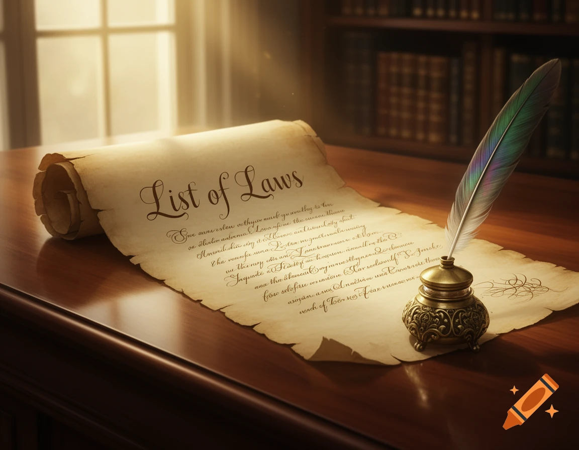 An old parchment scroll titled "List of Laws" lies on a polished wooden desk next to an ornate quill and inkwell, illuminated by sunlight from a window.