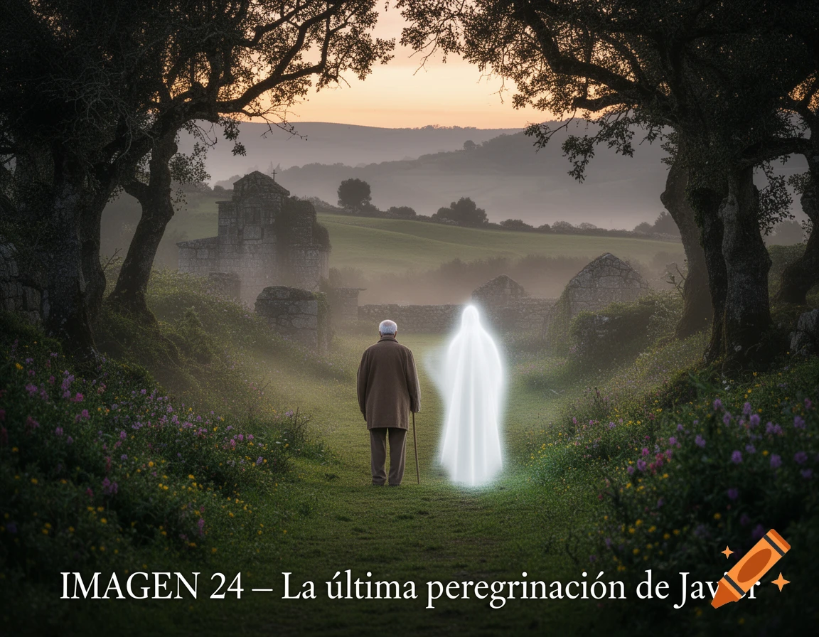An old man walks alongside a glowing white spectral figure on a grassy path through a misty, ruined landscape with trees at sunset, in a photorealistic style.