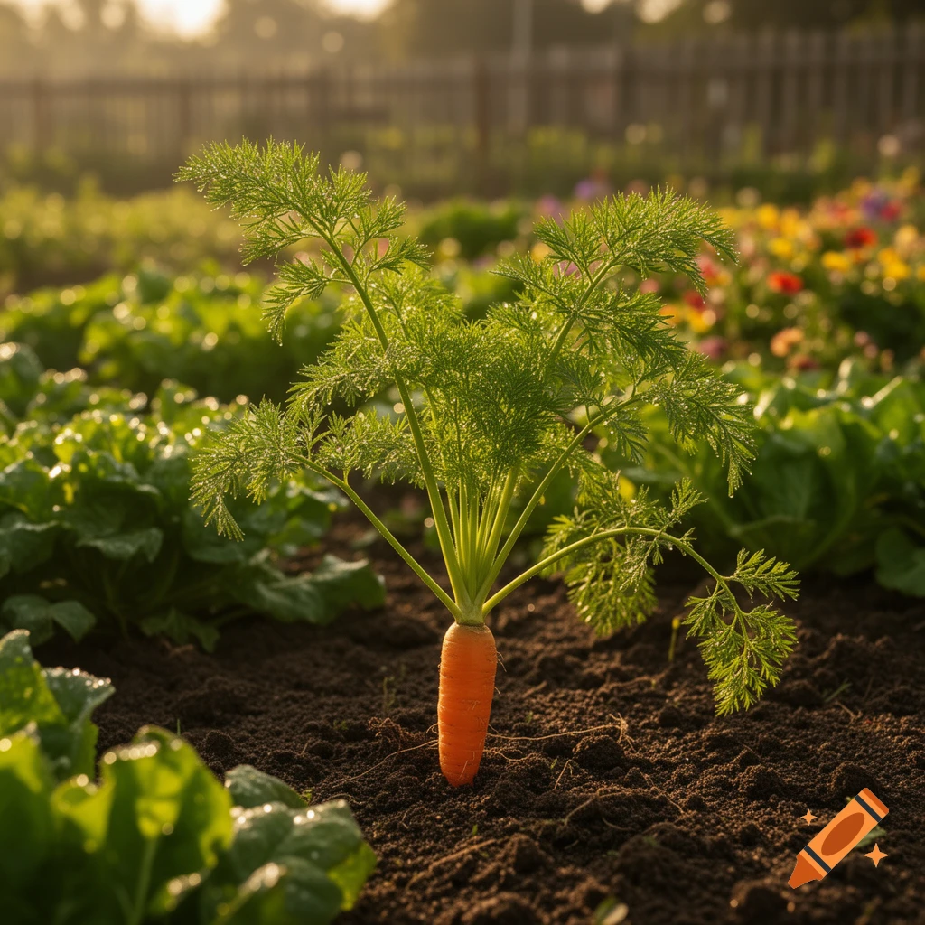 A vibrant green carrot plant with an orange carrot peeking from dark soil in a sunlit garden.