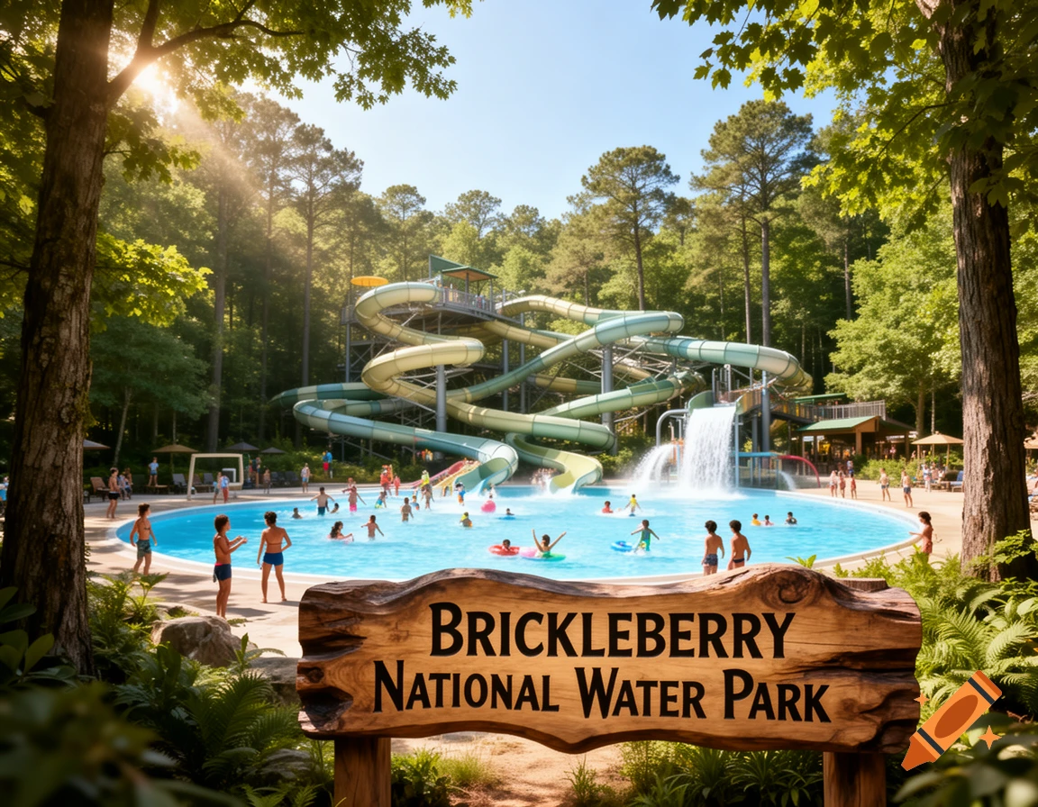 A bustling water park in a lush forest, with large water slides, a crowded pool, and a sign reading "BRICKLEBERRY NATIONAL WATER PARK".