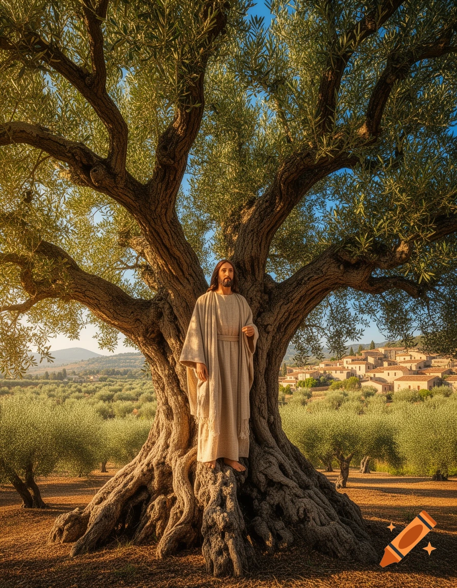 Photorealistic image of a figure resembling Jesus standing barefoot on a gnarled root of a massive olive tree in an olive grove.