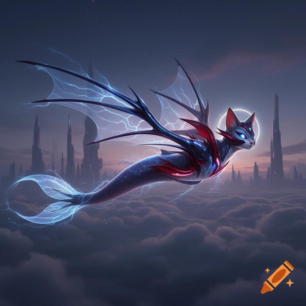 A blue and red winged cat-mermaid creature with glowing lightning patterns flies above clouds with a futuristic city background.