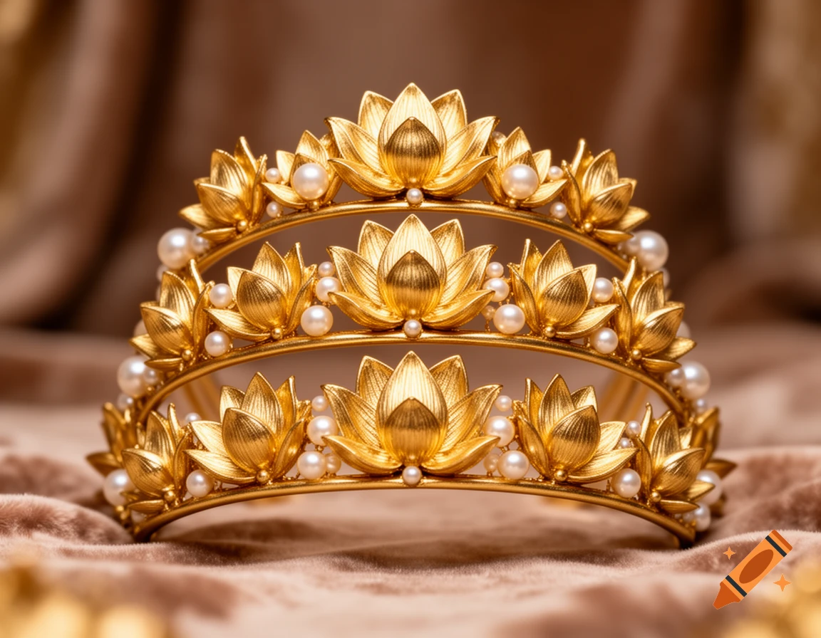 A dazzling three-layered gold headdress adorned with intricate lotus flowers and shimmering pearls, resting on a velvet surface.
