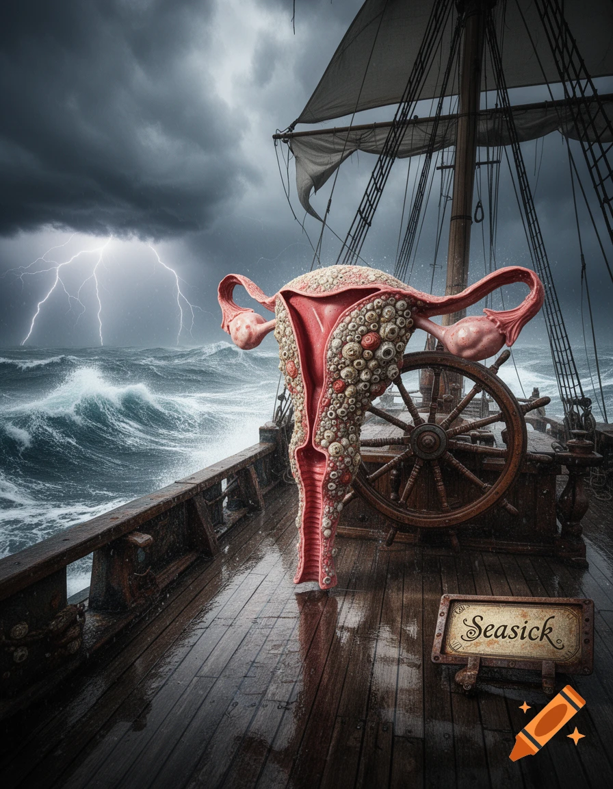 A surreal, barnacle-covered uterus stands on a pirate ship during a stormy sea with lightning. A sign reads 'Seasick'.