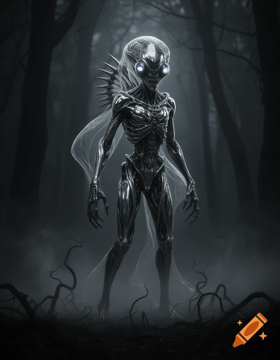 A tall, gaunt, metallic-looking alien creature with glowing eyes and a sheer veil stands in a dark, misty forest with twisted roots.