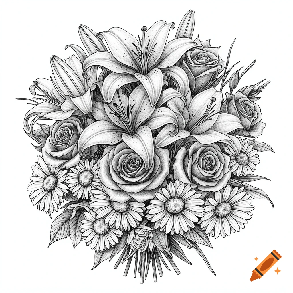 Detailed black and white drawing of a flower bouquet with lilies, roses, and daisies.