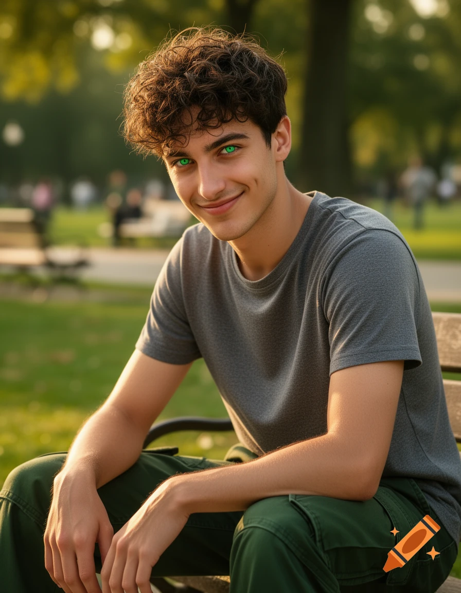 A photorealistic portrait of a young man with curly brown hair and vibrant green eyes, smiling while sitting on a park bench.