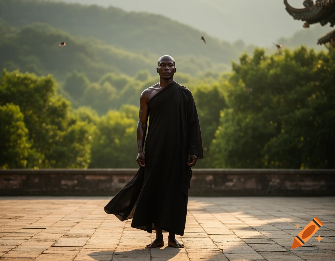 A bald, dark-skinned monk in a black robe stands barefoot on a stone patio overlooking a lush, misty green mountain landscape at sunrise.