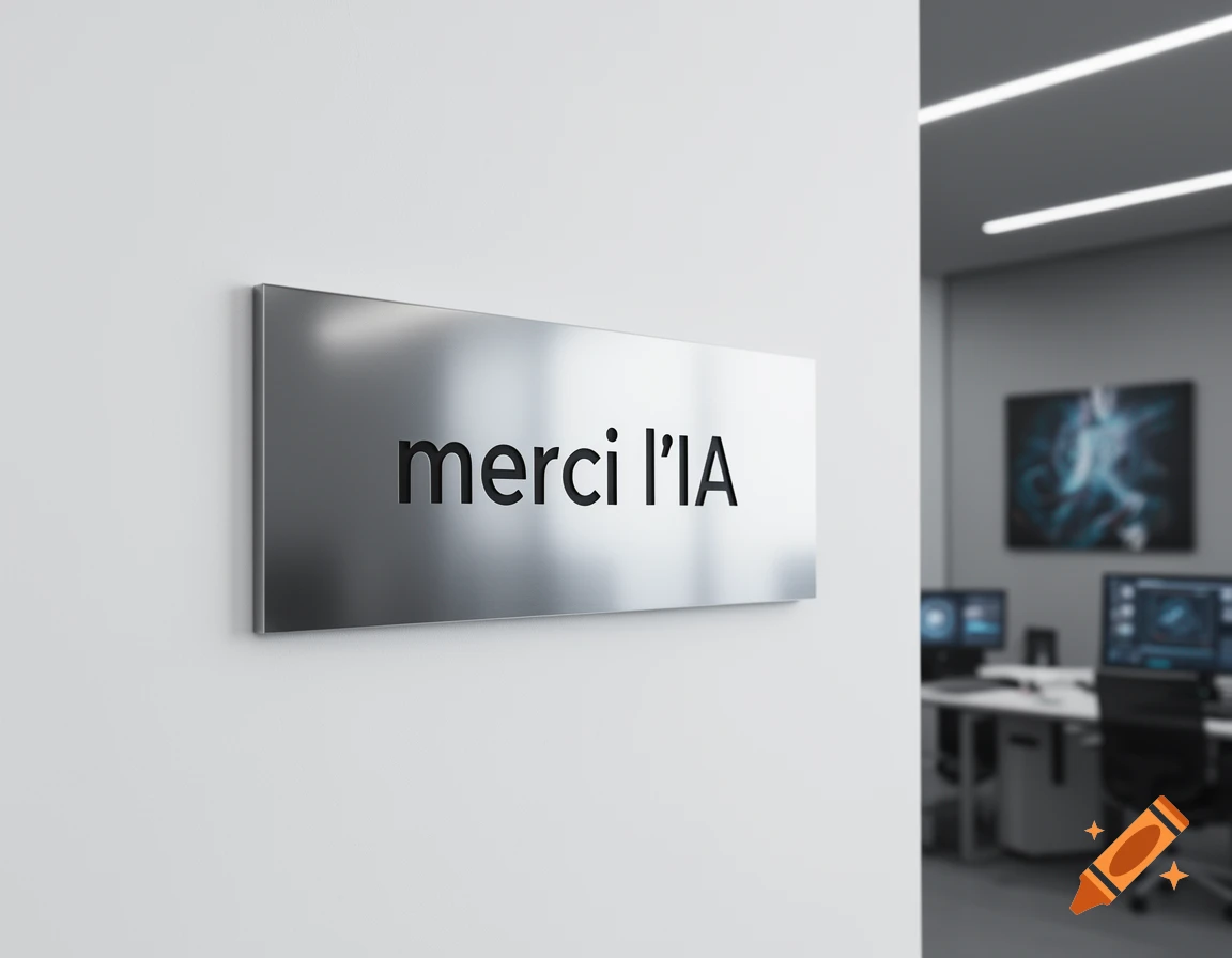 A photorealistic metallic sign reading 'merci l'IA' on a white office wall, with a blurred office interior in the background.
