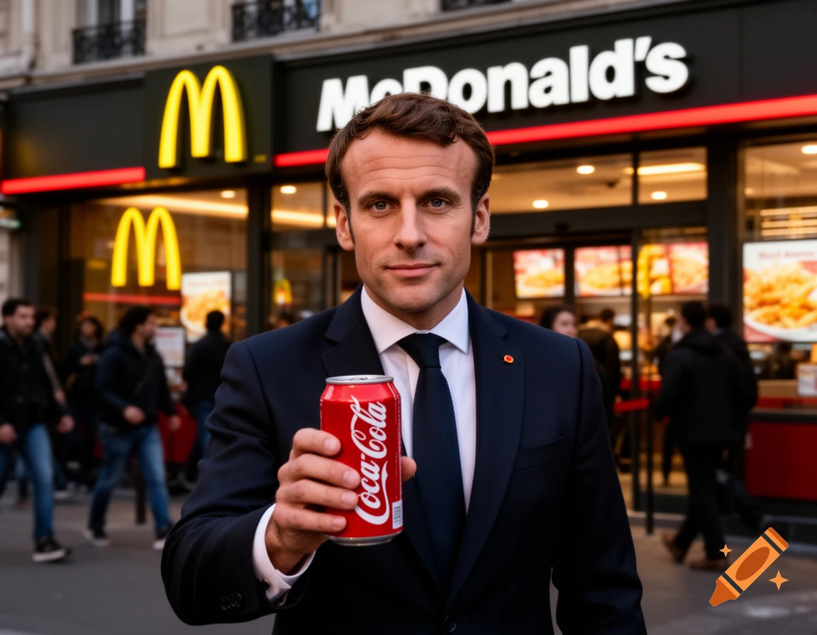 Emmanuel Macron holds a Coca-Cola can in front of a McDonald's restaurant in a photorealistic style.